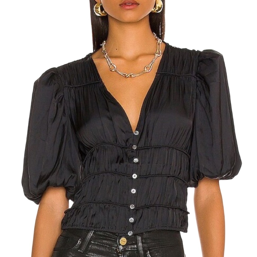FRAME Noir Pleated Puff Sleeve Blouse XS Black Romantic Quiet Luxury Designer